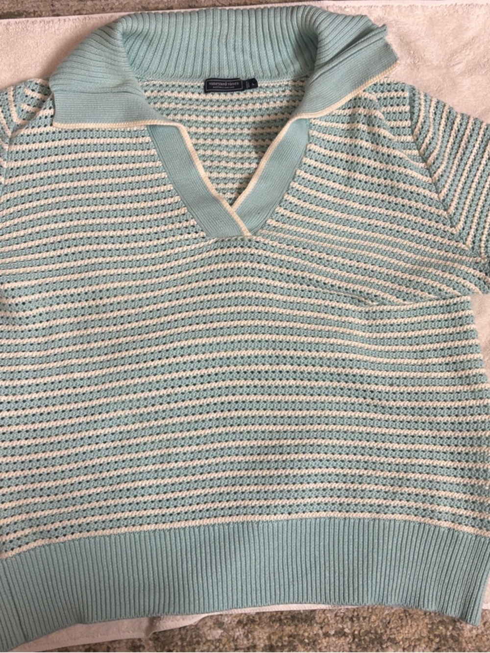 Vineyard Vines Light Aqua and Cream Striped V-Neck Short Sleeve Sweater
